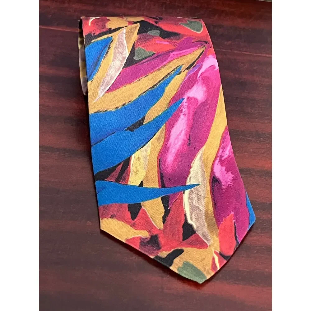 VTG Pietro Valentino Silk Necktie Pink Gold Abstract Bold Floral